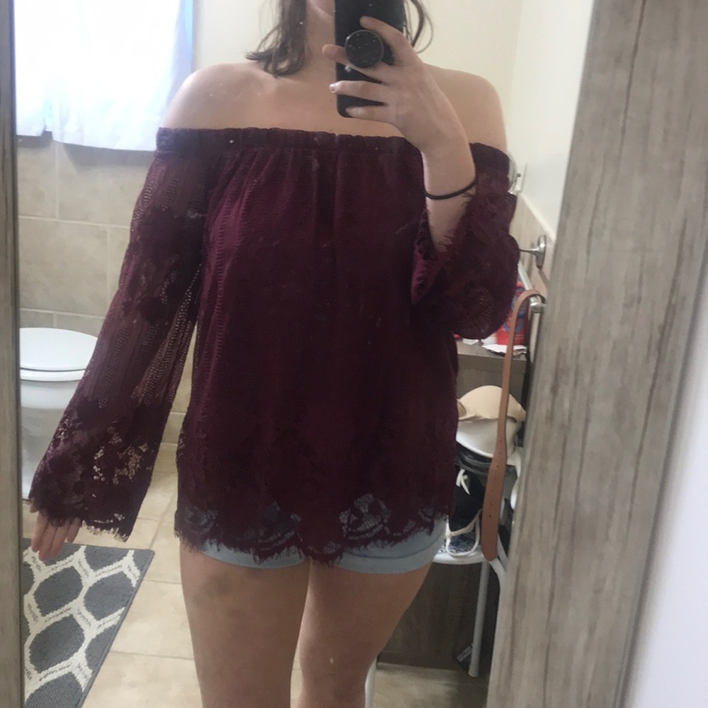 Long sleeve lace off the shoulder top